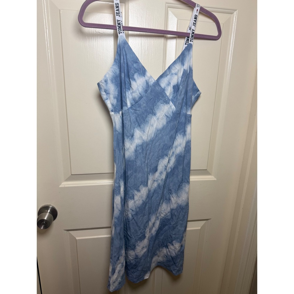 Tommy Jeans Women Blue Tie Dye Logo Strap Slip Dress Large L V-Neck Mid Length